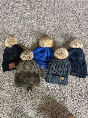 C.C Women’s Pom-Pom Beanie Set - Black, Olive, Royal Blue, Gray, Navy